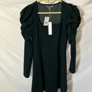 Good Luck Gem: Green/Black Checkerboard long sleeve puff shoulder Dress- Midi- M